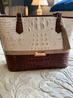 Brahmin Two-Tone Beige and Brown Croc-Embossed Leather Tote with Tassel